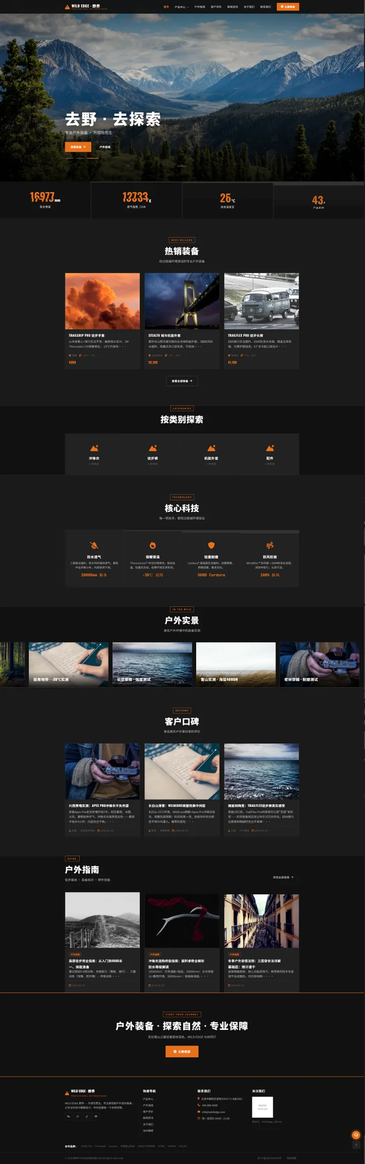 户外机能服饰官网｜黑橙装备分类与技术展示的PC页面效果图