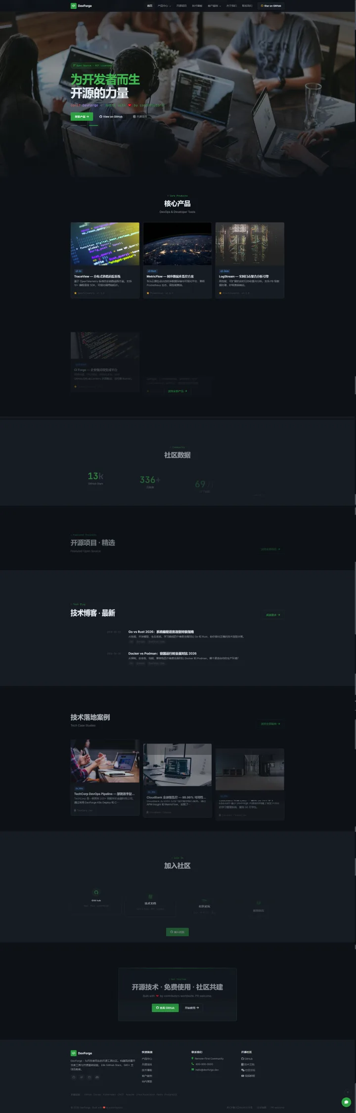 开发者工具社区官网｜暗色绿意与技术项目展示的PC页面效果图