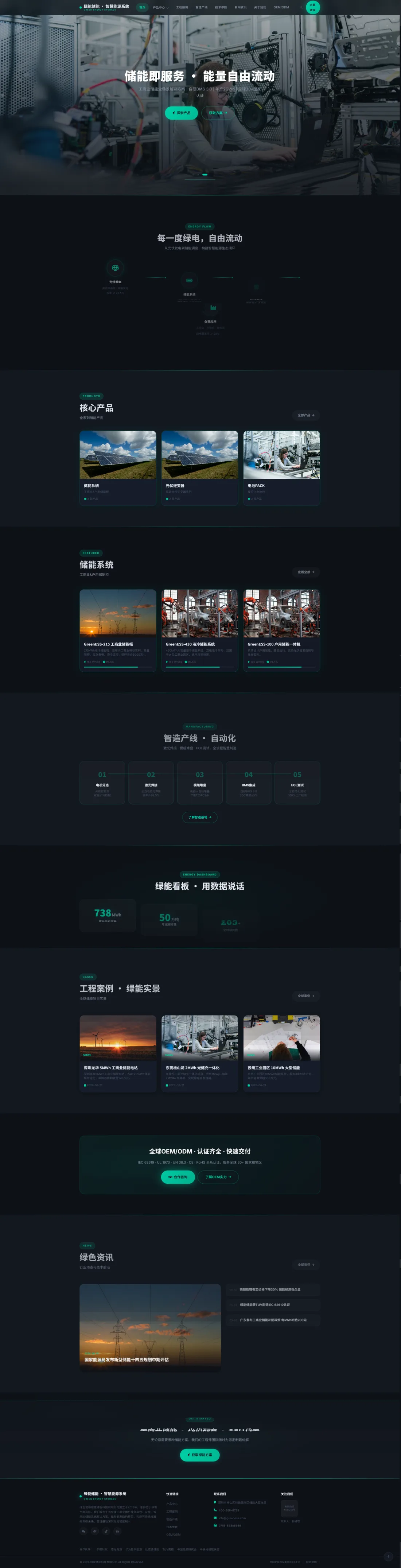 智慧储能系统官网｜深灰能量绿与产线流程PC效果图