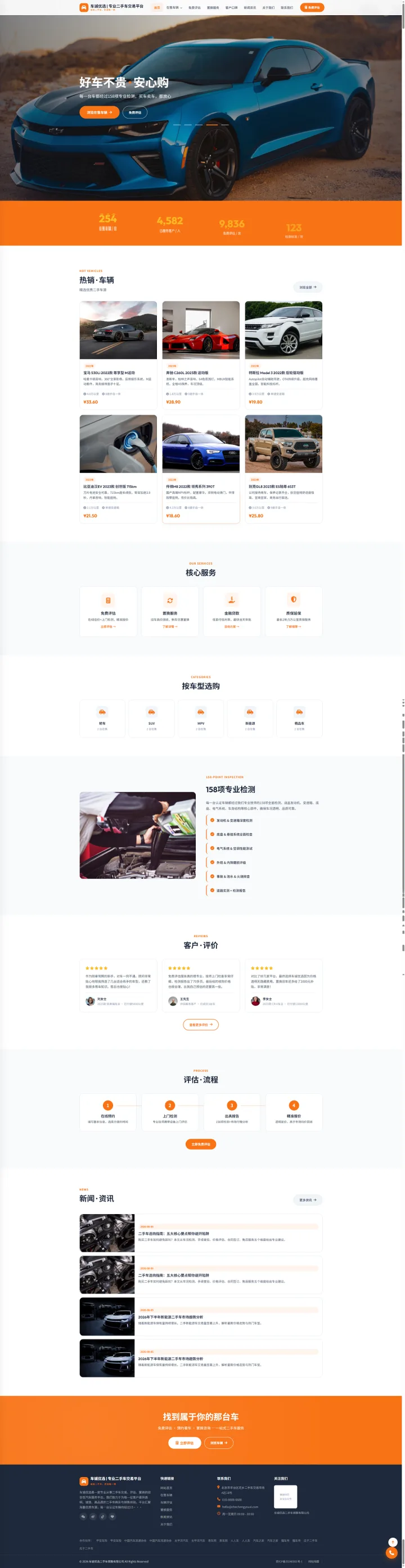 二手车车源与置换服务官网｜橙白车辆卡片与评估预约的PC页面效果图