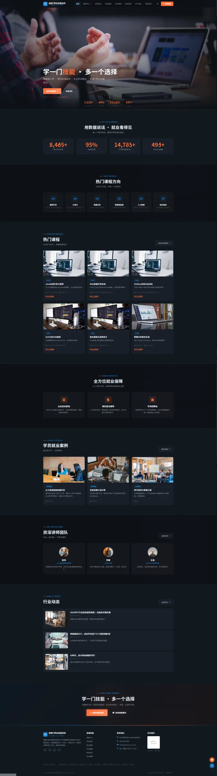 IT职业技能培训官网｜深色科技课程与学员就业案例的PC页面效果图