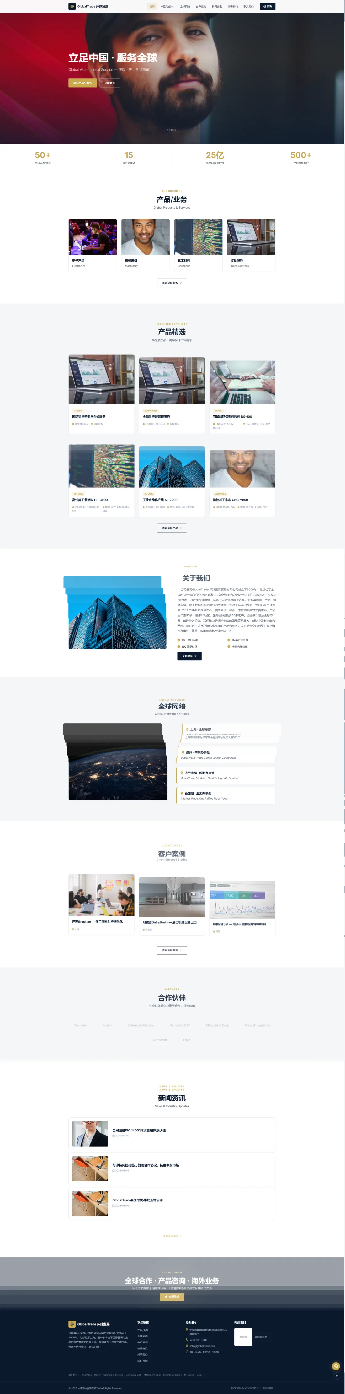 综合外贸与进出口企业官网｜蓝白产品业务与全球网络PC效果图